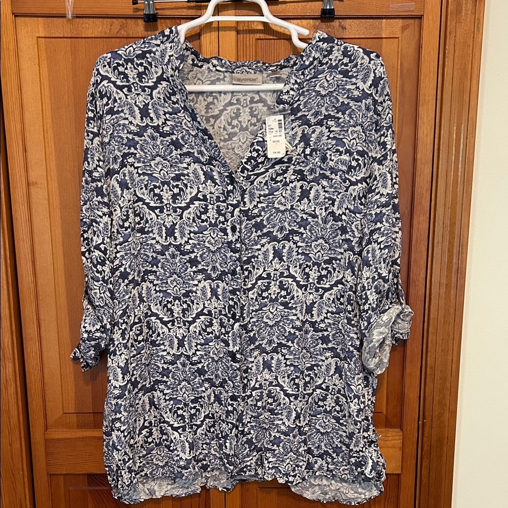 Avenue Navy White Pattern Blouse Plus 30/32 NWT Lightweight 3/4 Sleeve Top